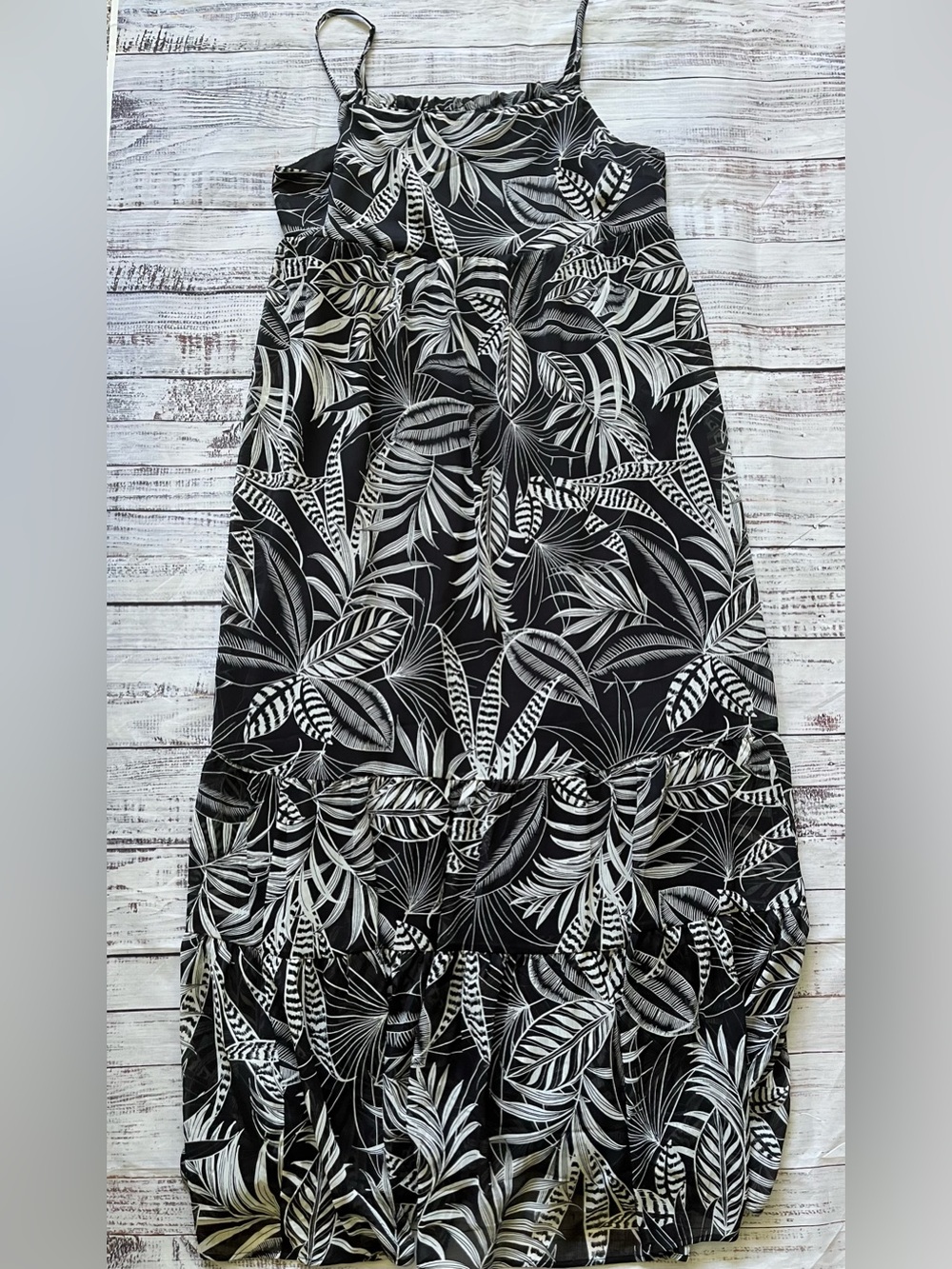 Banana Republic Black & Tan/White Smocked Maxi Dress Palm Leaves Tropical XL - Picture 3 of 7